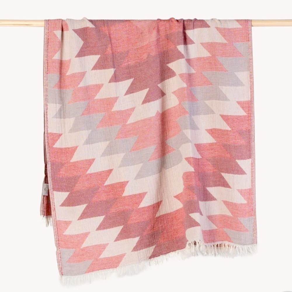 Southwest Aztec Blanket Wrap Jacquard Woven Organic Cotton Light Red Pink Gray